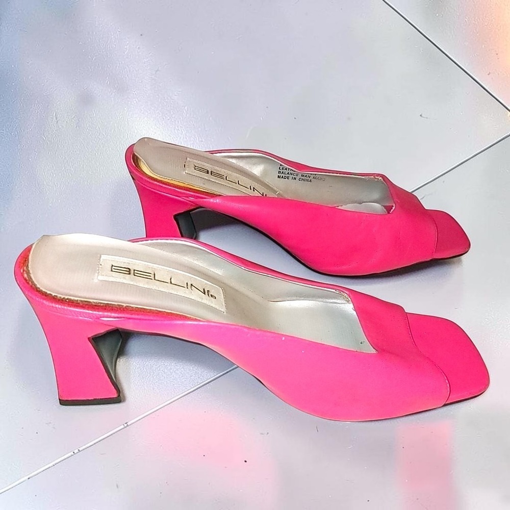 VTG Bellini Bauble Pink Leather Square Toe Block Heel Mules 8.5M Y2K Barbiecore